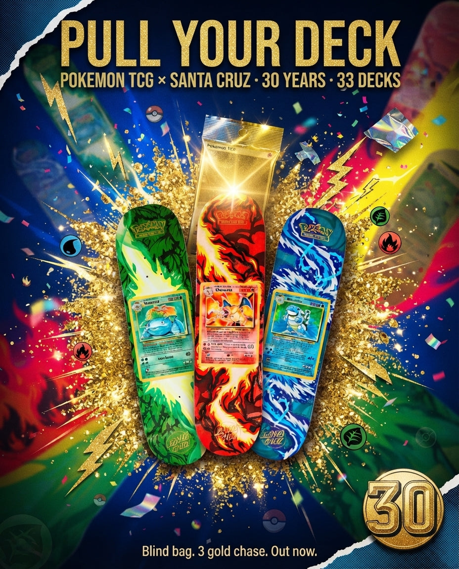 Booster-Pack Energy On A Skate Deck: Pokemon x Santa Cruz Drop 30 Blind Bag Decks For TCG's 30th Anniversary