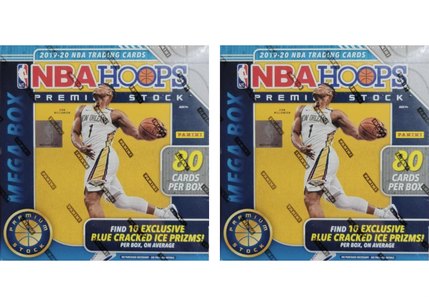 2019-20 Panini NBA Hoops Premium Stock Basketball 80 Ct. Mega Box (Blue Cracked Ice) 2x Lot