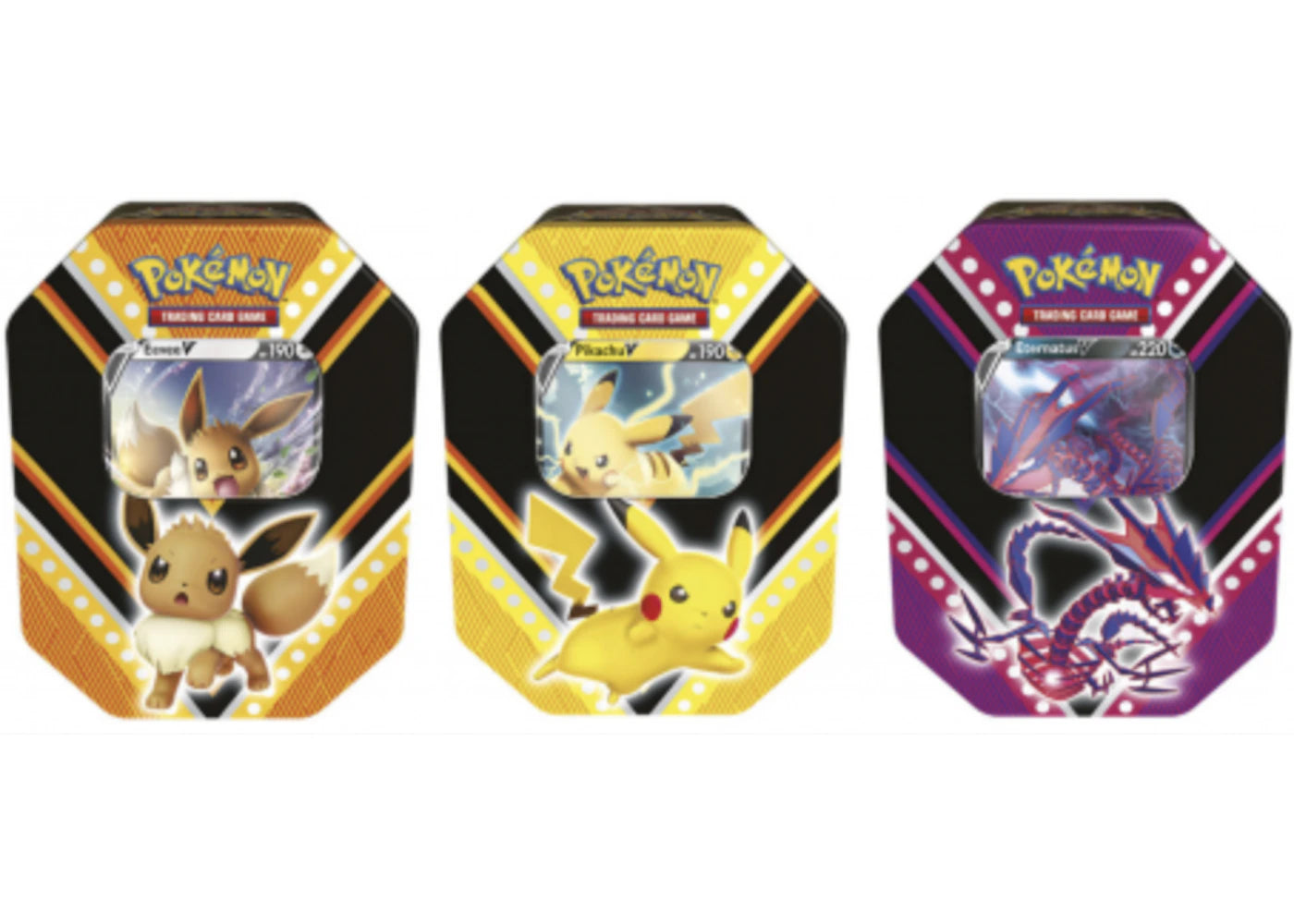 Pokémon TCG V Powers Eevee V/Pikachu V/Eternatus V Tin 3x Lot (Vertical)