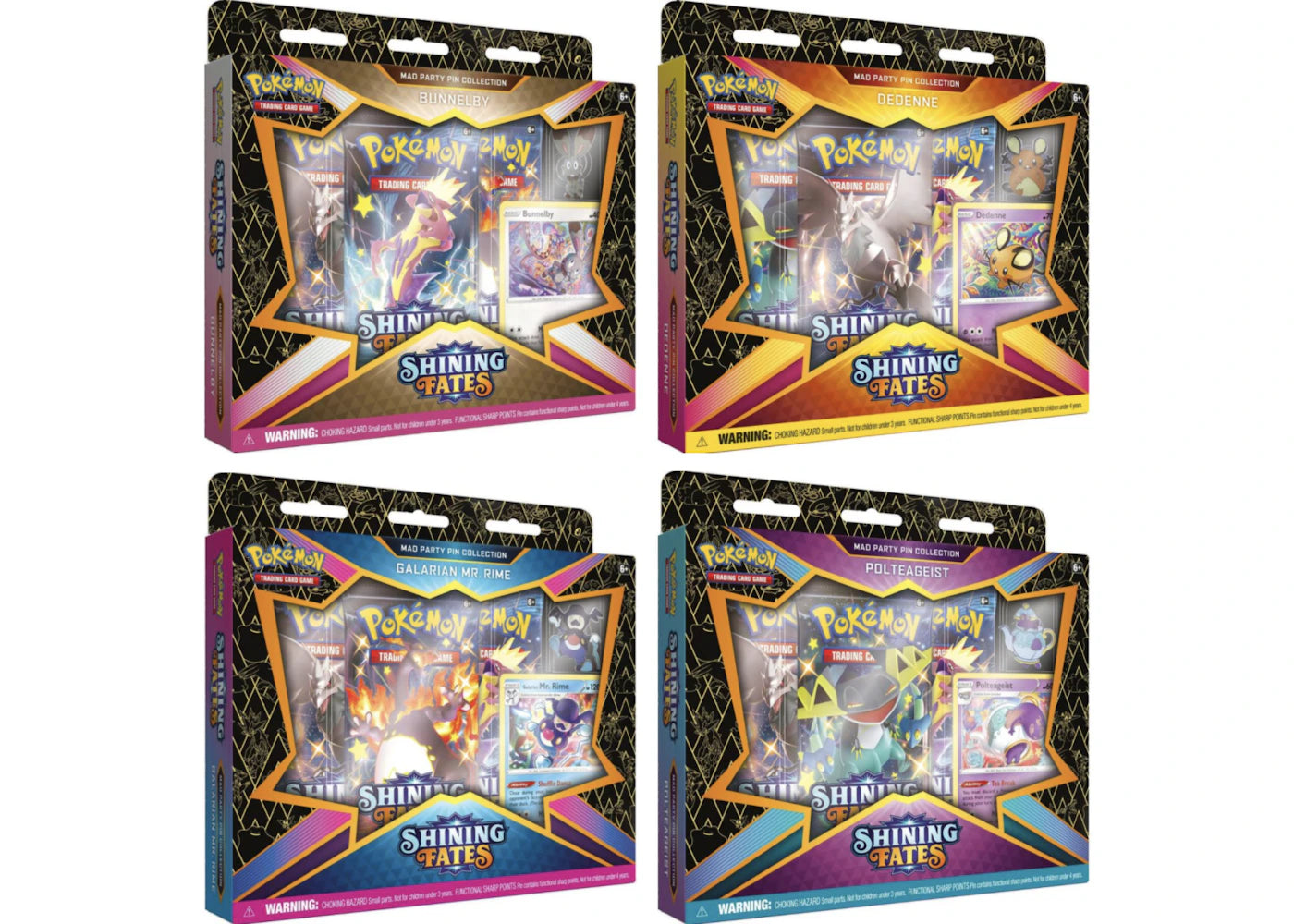 Pokémon TCG Sword & Shield Shining Fates Mad Party Pin Collection 4X Lot Bunnelby/Dedenne/Galarian Mr. Rime/Polteageist