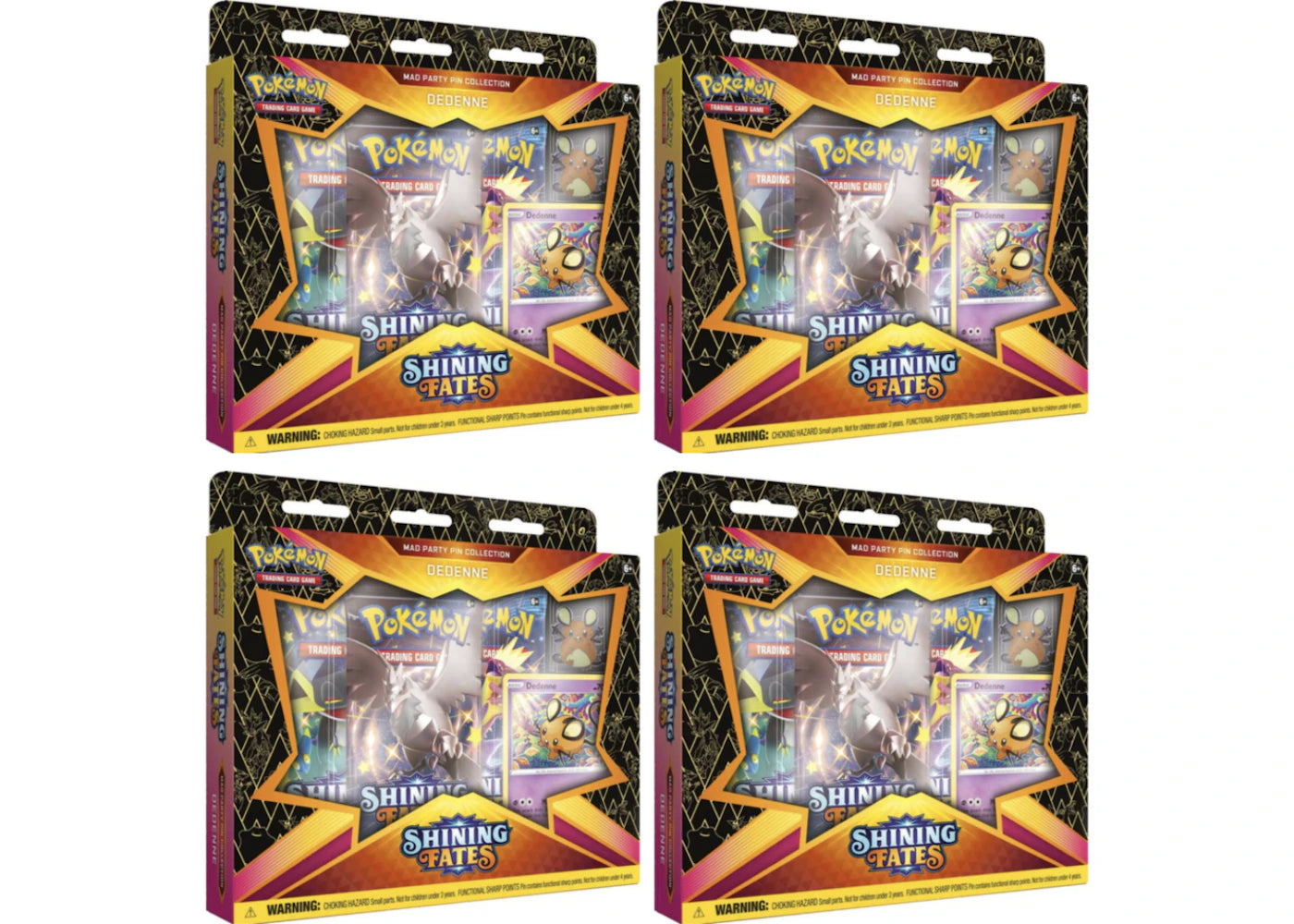 Pokémon TCG Sword & Shield Shining Fates Mad Party Pin Collection Dedenne 4x Lot