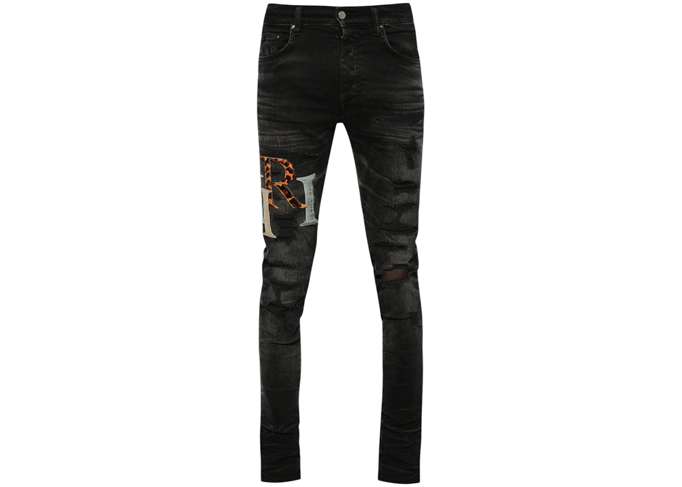 AMIRI Leather Staggered Logo Jeans Faded Black