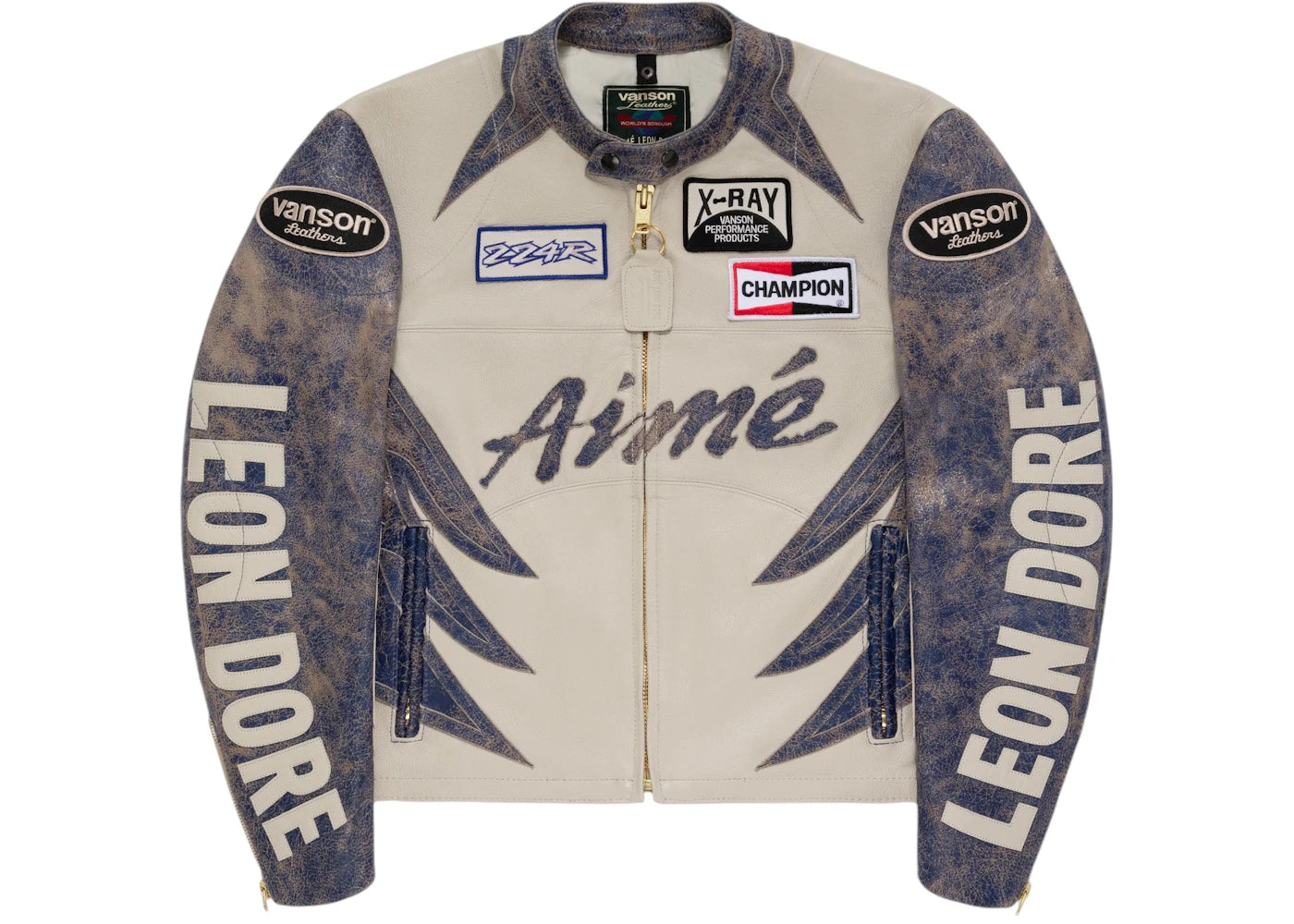 Aime Leon Dore x Vanson Distressed Leather Moto Jacket Blue/Cream