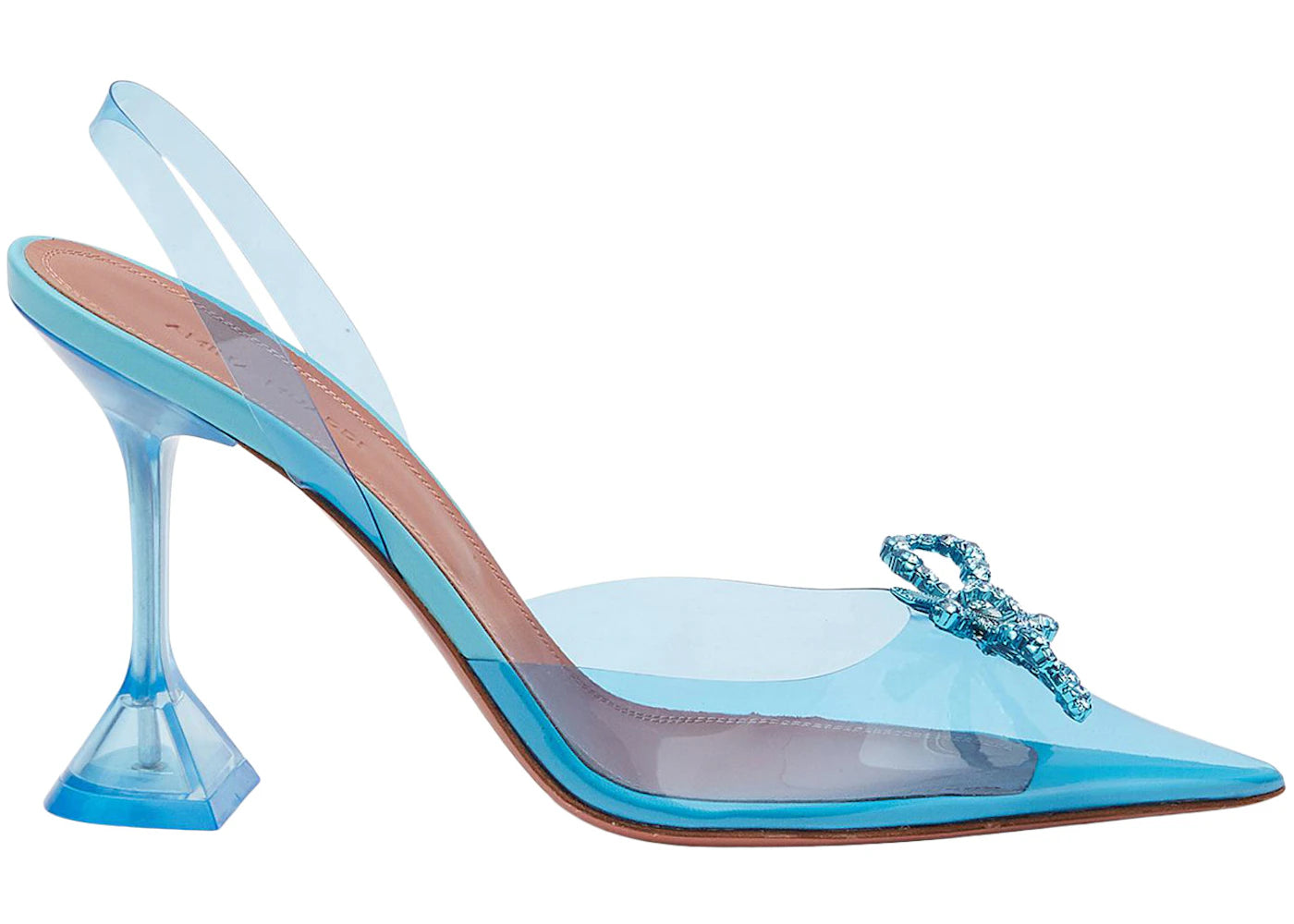 Amina Muaddi Rosie 95mm Glass PVC Sling Aqua & Aquamarine Crystal Bow