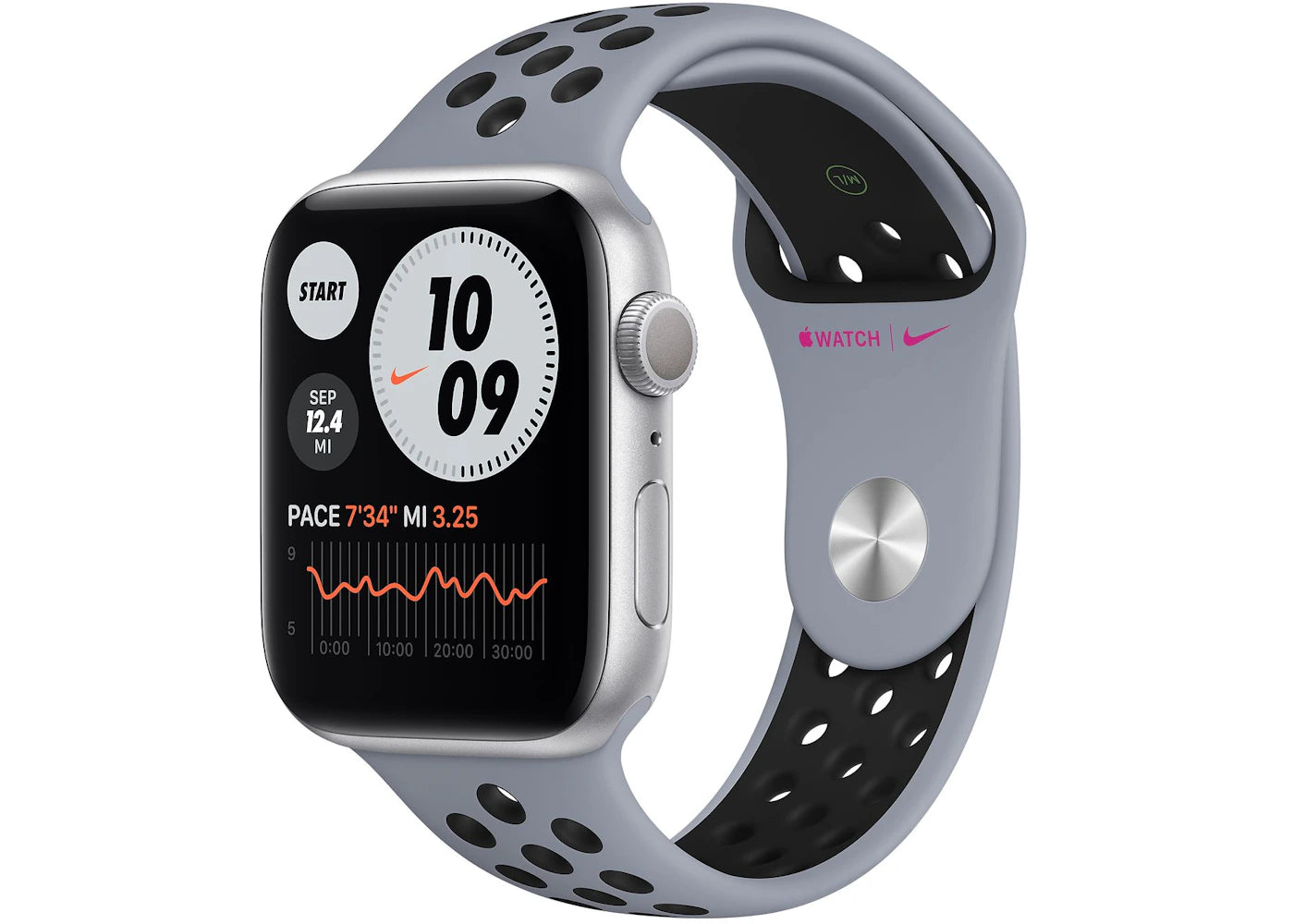 Apple Watch Nike Series 6 GPS 44mm Silver Aluminum with Obsidian Mist Black Sport Band A2292