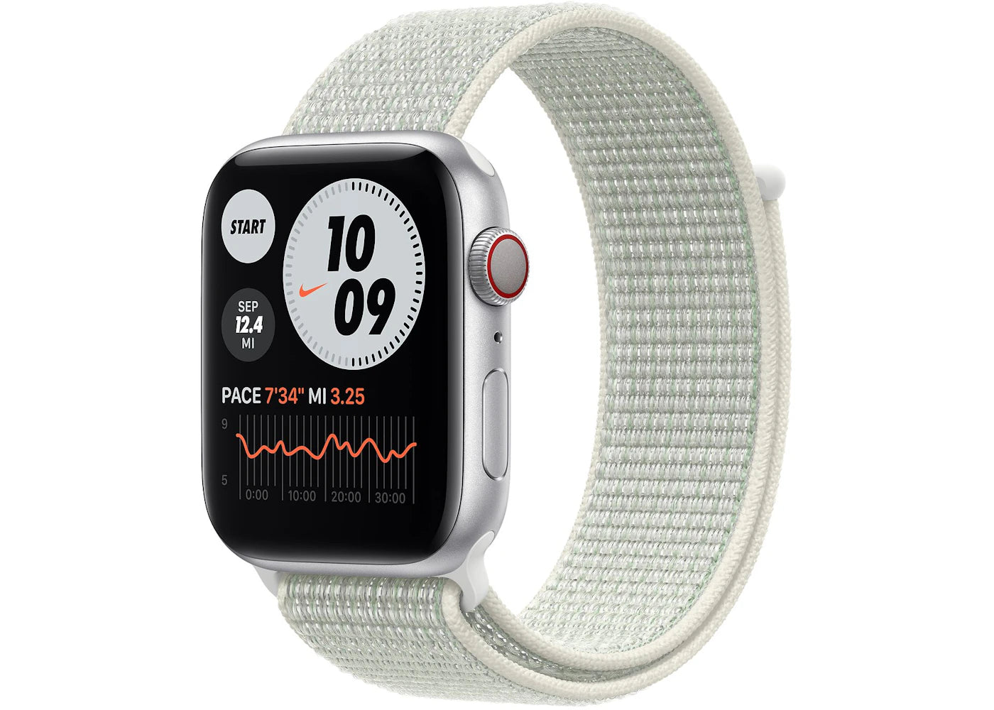 Apple Watch Nike Series 6 GPS + Cellular 44mm Silver Aluminum with Spruce Aura Sport Loop A2294