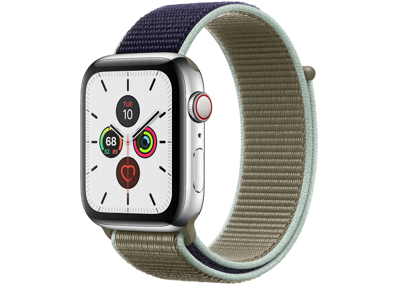 Apple Watch Series 5 GPS + Cellular 44mm Stainless Steel with Khaki Sport Loop A2095