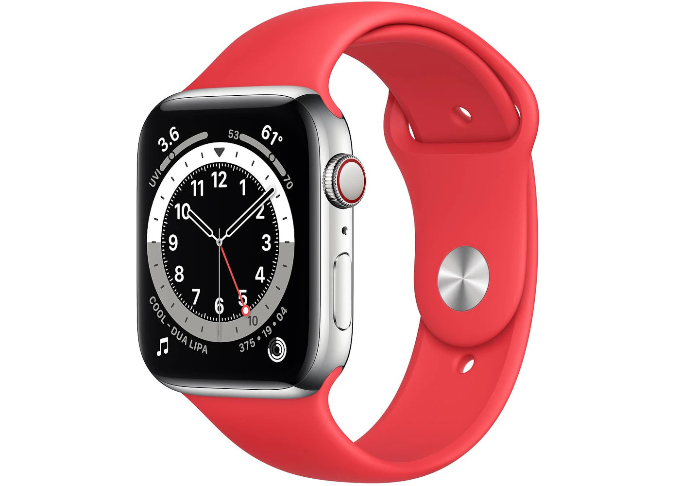 Apple Watch Series 6 GPS + Cellular 44mm Silver Stainless Steel with Red Sport Band A2294