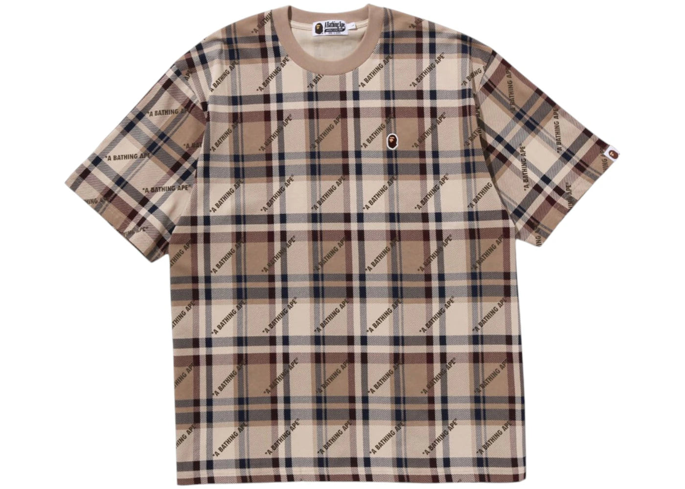 BAPE A Bathing Ape Logo Check Pattern Tee Beige