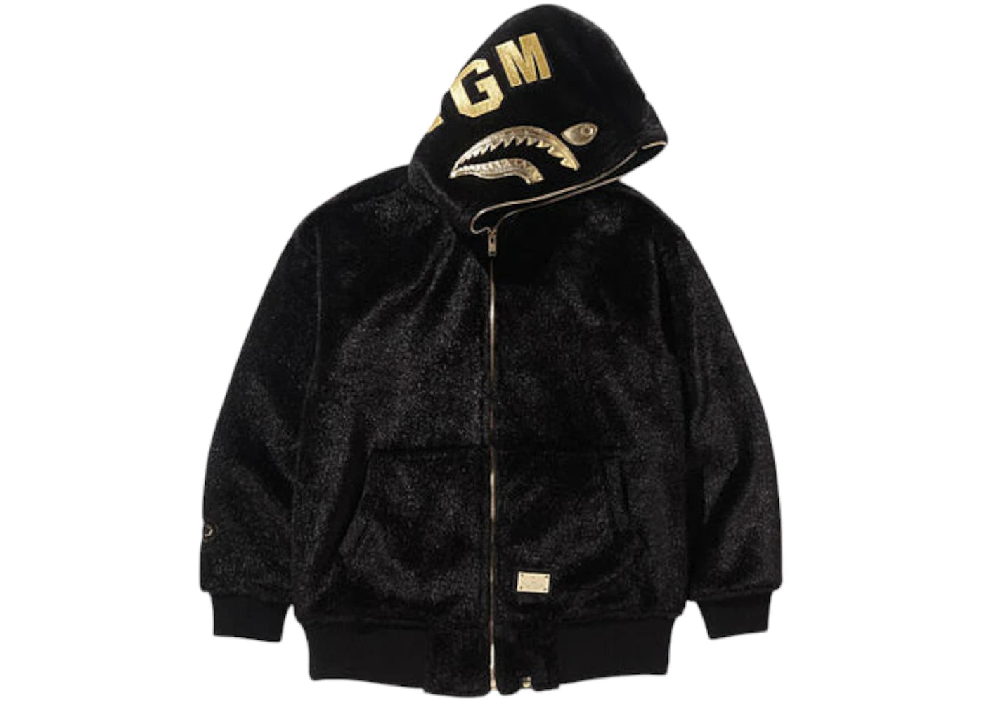 BAPE Black Collection Black & Gold Fur Leather Shark Bomber Jacket Black