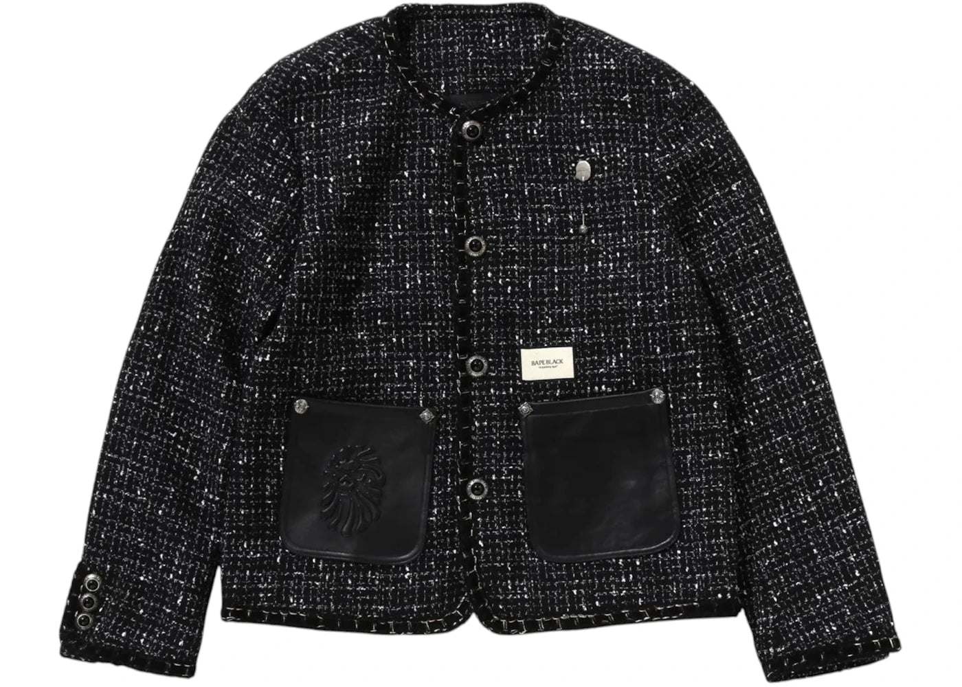 BAPE Collarless Ornament Tweed Coat Black
