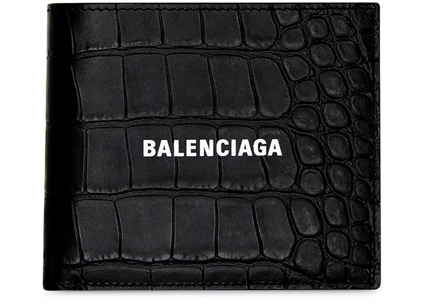 Balenciaga Cash Square Folded Coin Wallet Crocodile Embossed Black