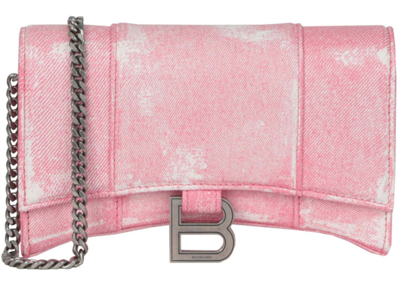 Balenciaga Denim Print Hourglass Wallet On A Chain Pink