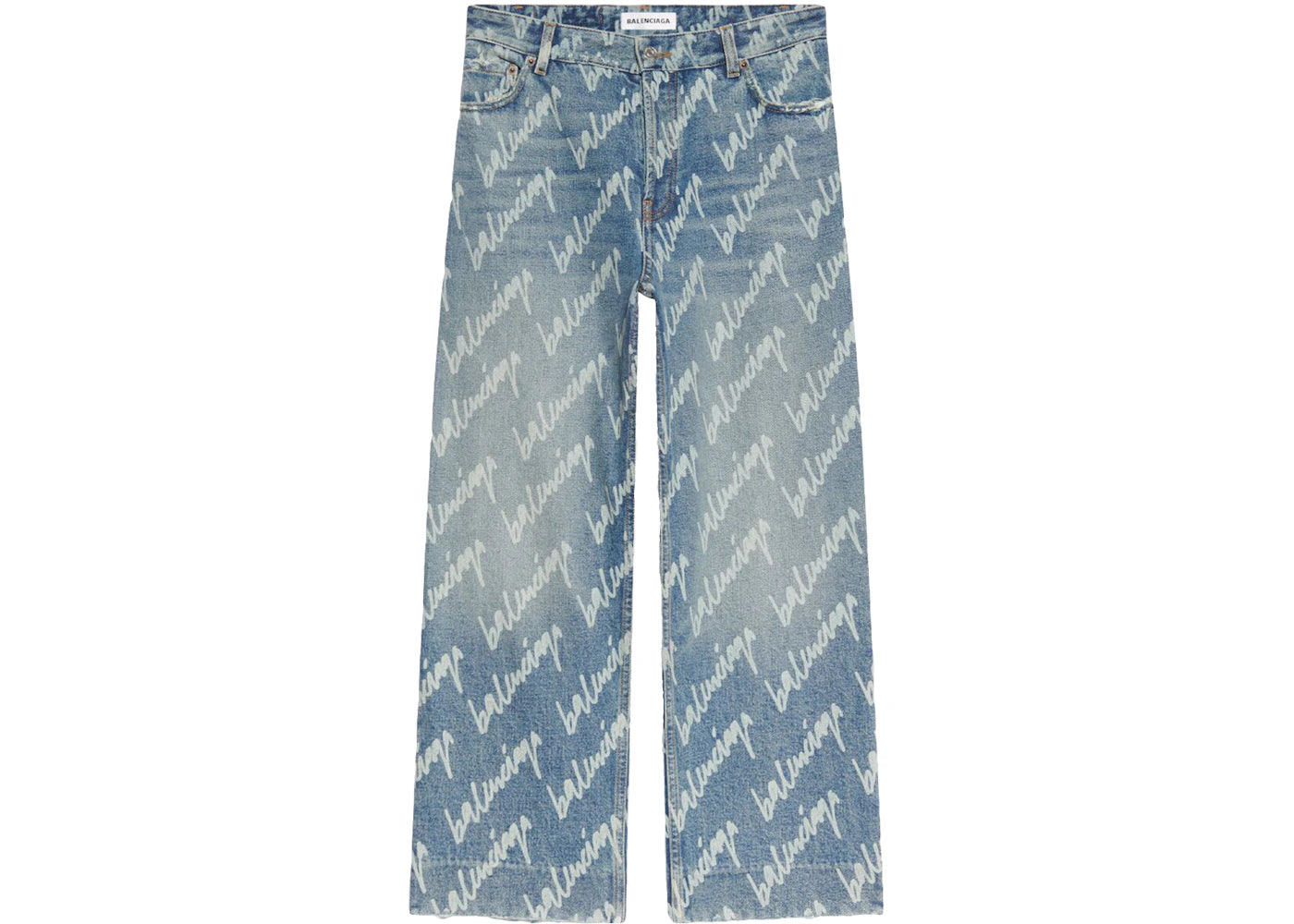 Balenciaga Womens All Over Logo Cropped Denim Trousers Indigo/White