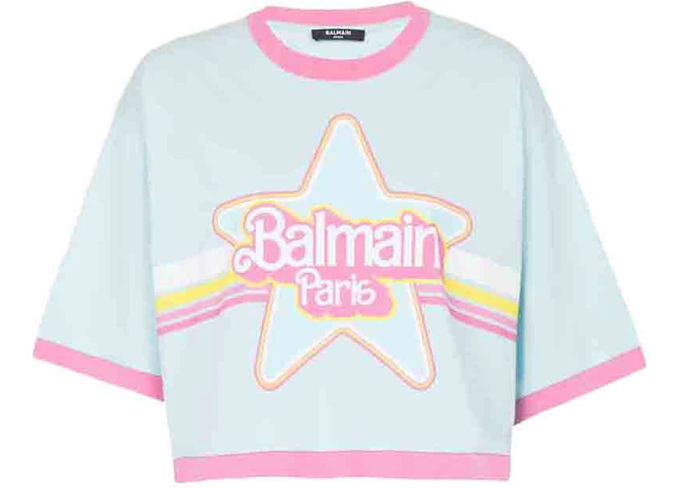 Balmain x Barbie - Blue Cotton Cropped T-shirt with Pink Balmain Logo Print