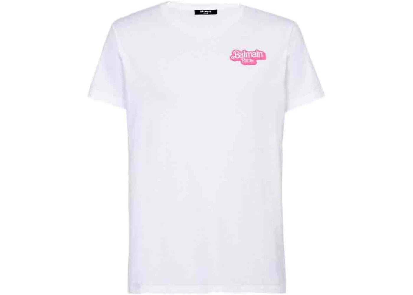 Balmain x Barbie - Cotton T-shirt White with Small Pink Balmain Paris Logo Print