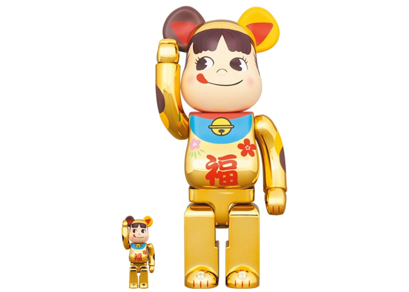 Bearbrick Maneki Neko Peko-chan Fuku 100% & 400% Set Gold Plated