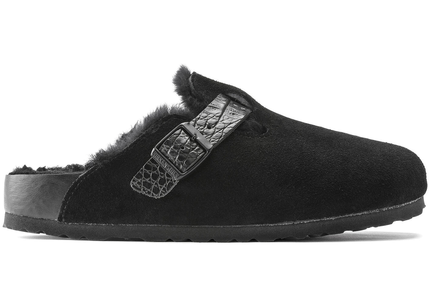 Birkenstock Boston Shearling Suede Reptile Embossed Strap Black