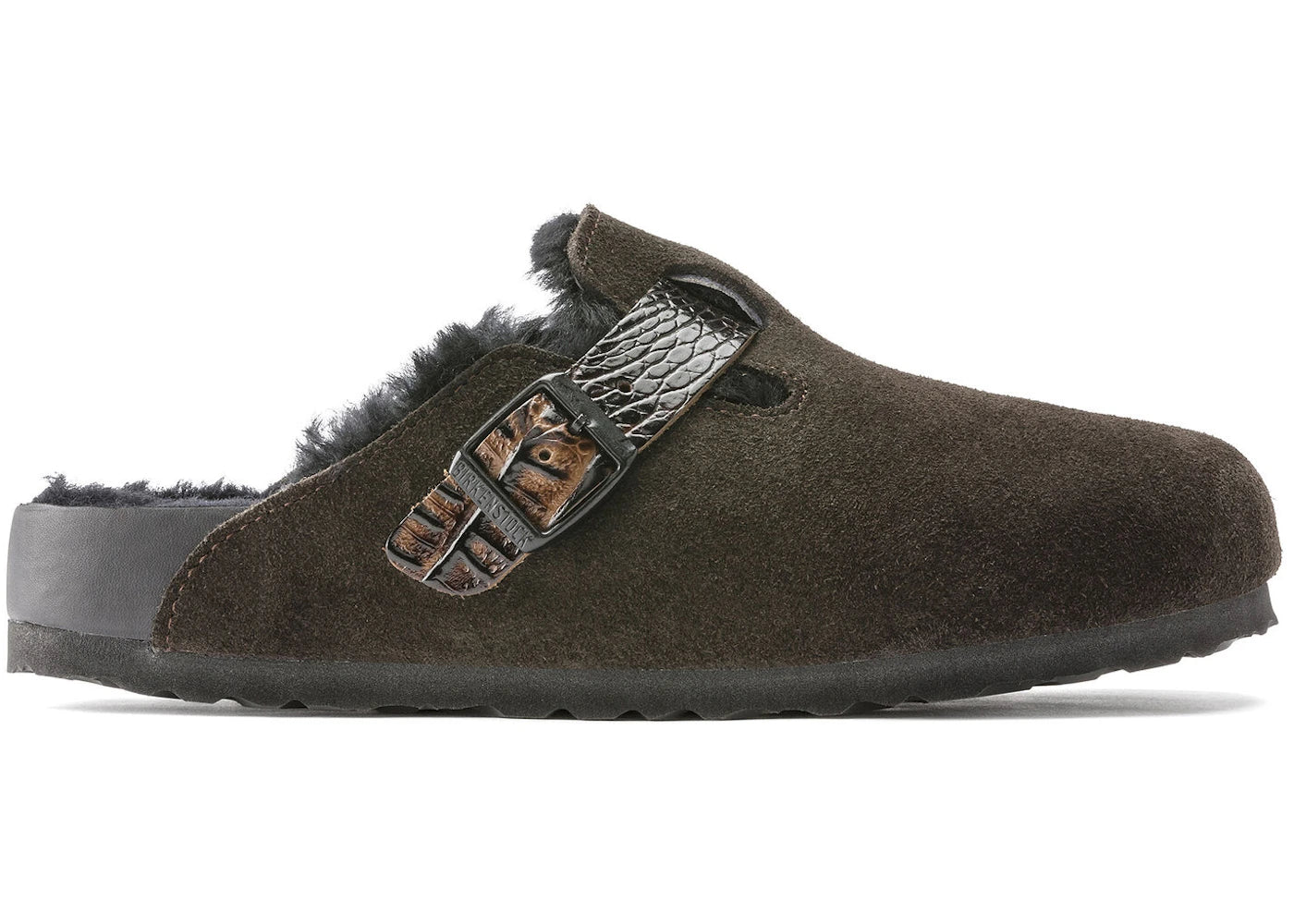 Birkenstock Boston Shearling Suede Reptile Embossed Strap Mocha Brown Black