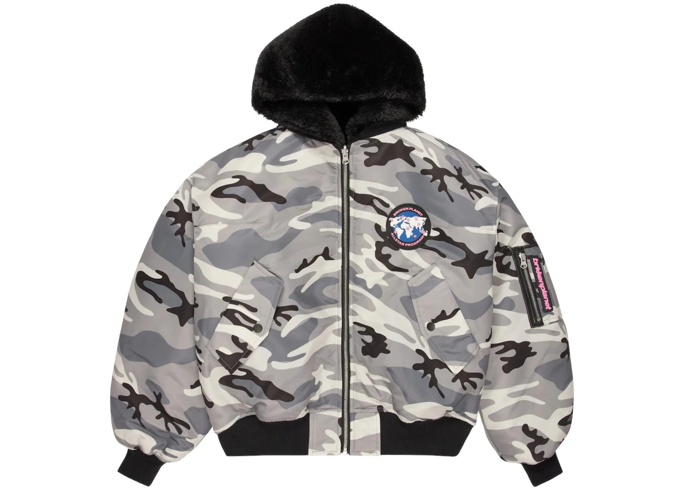 Broken Planet Reversible Snow Camo Fur Bomber Jacket Camo/Black