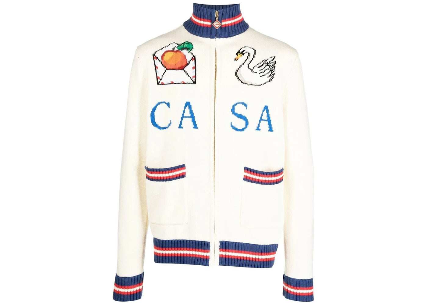 Casablanca Roll Neck Intarsia Knit Cardigan Off-White