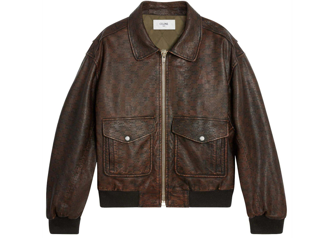 Celine Aviator Blouson Jacket in Embossed Lambskin Dark Brown
