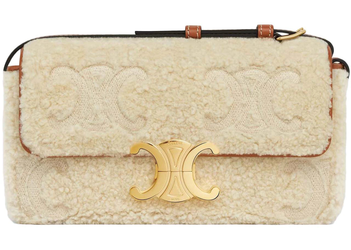 Celine Claude in Shearling with Triomphe Embroideries Shoulder Bag Natural/Tan
