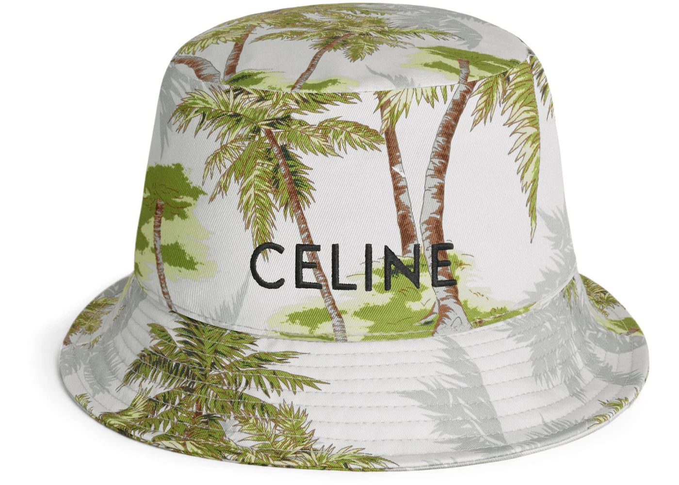 Celine Embroidery In Ombre Palm Tree Print Cotton Gabardine Bucket Hat with Drawstring Grey/Green