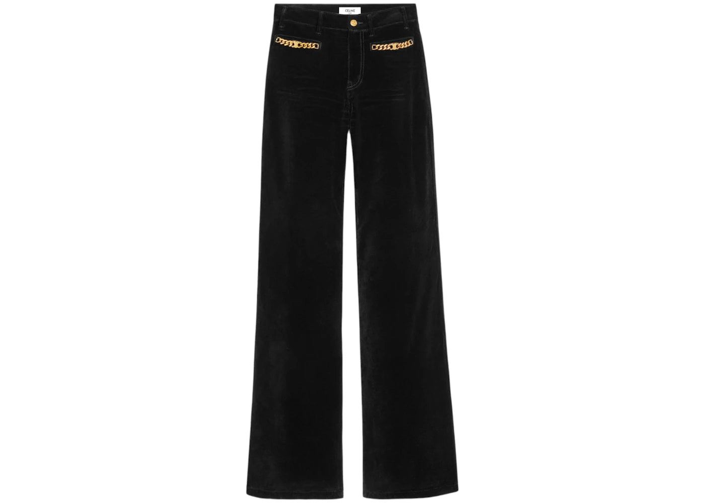 Celine Jane Low-Rise Triomphe Gourmette Chains in Velvet Flare Jeans Black