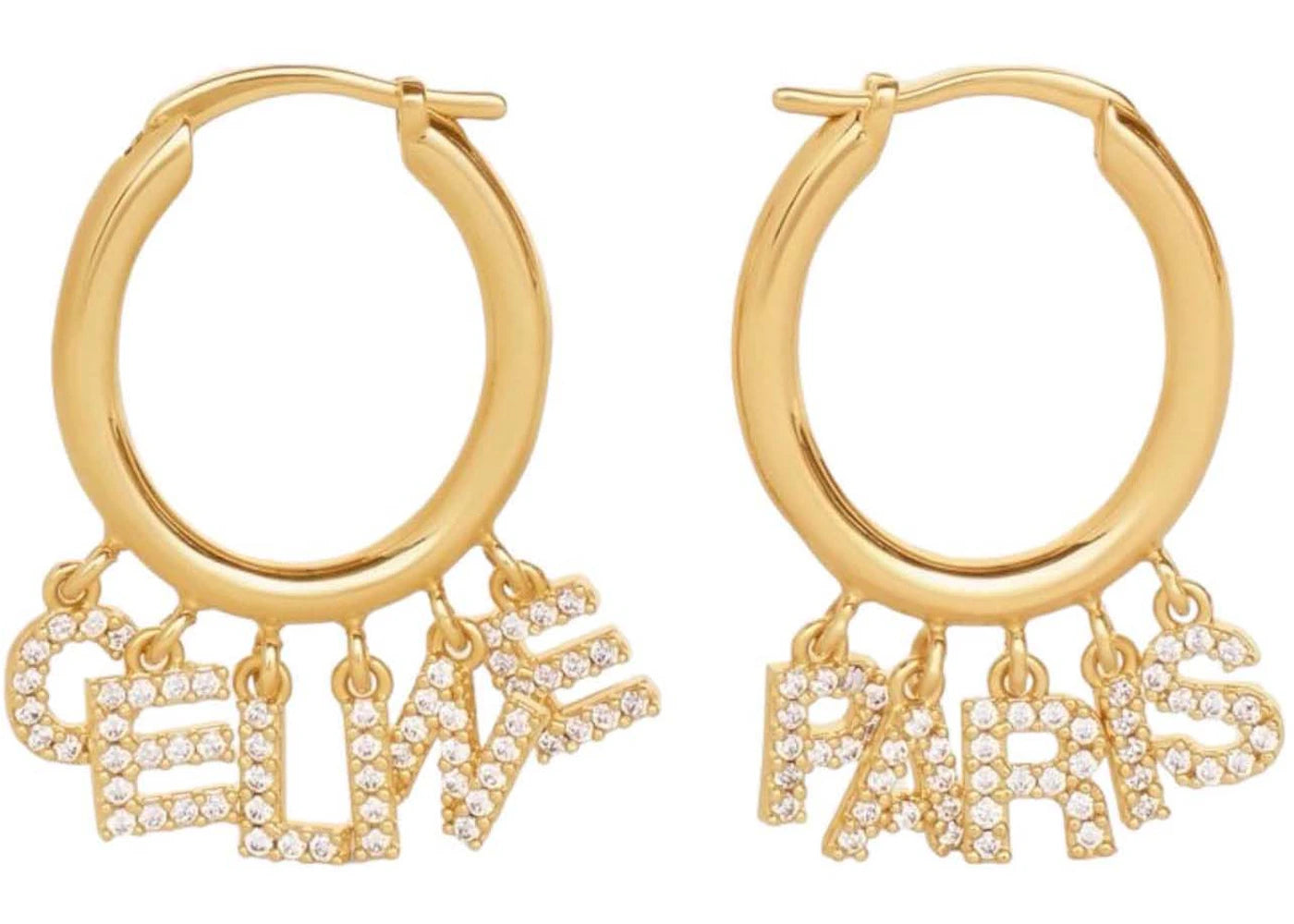 Celine Letter Hoop Rhinestone Earrings in Brass with Gold Finish and Crystals Gold