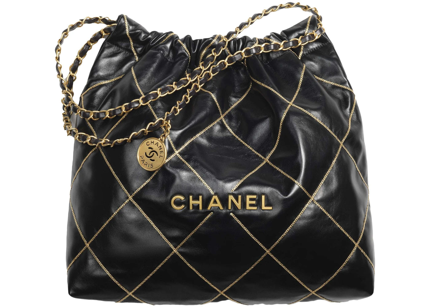 Chanel 22 Handbag 23B Shiny Calfskin Black Chain Quilt