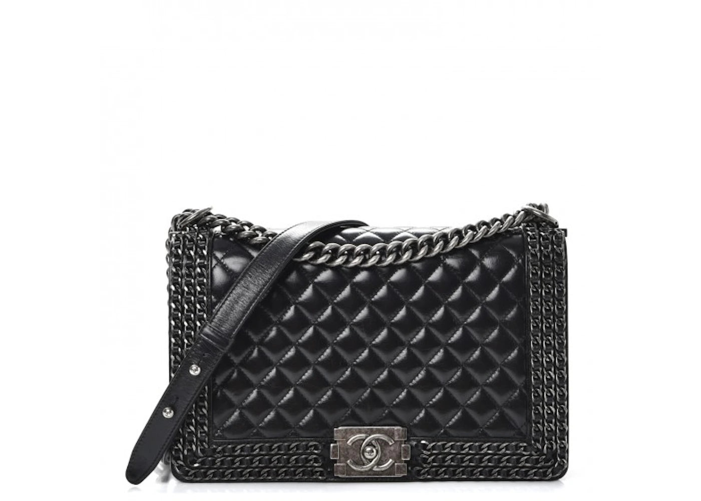 Chanel Boy Chained Flap Quilted Diamond Glazed New Medium Black