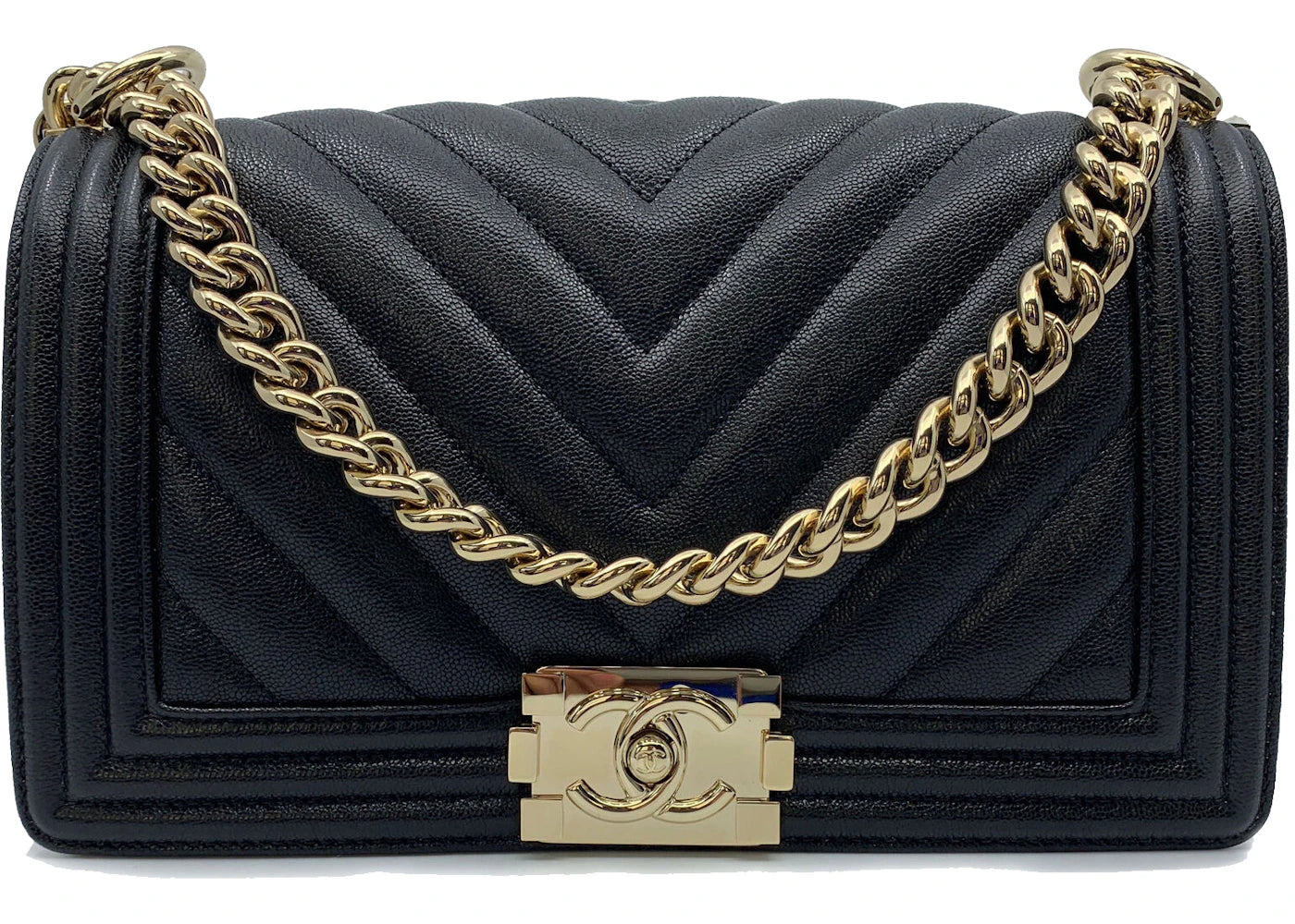 Chanel Boy Chevron Quilted Caviar Gold-tone Medium Black