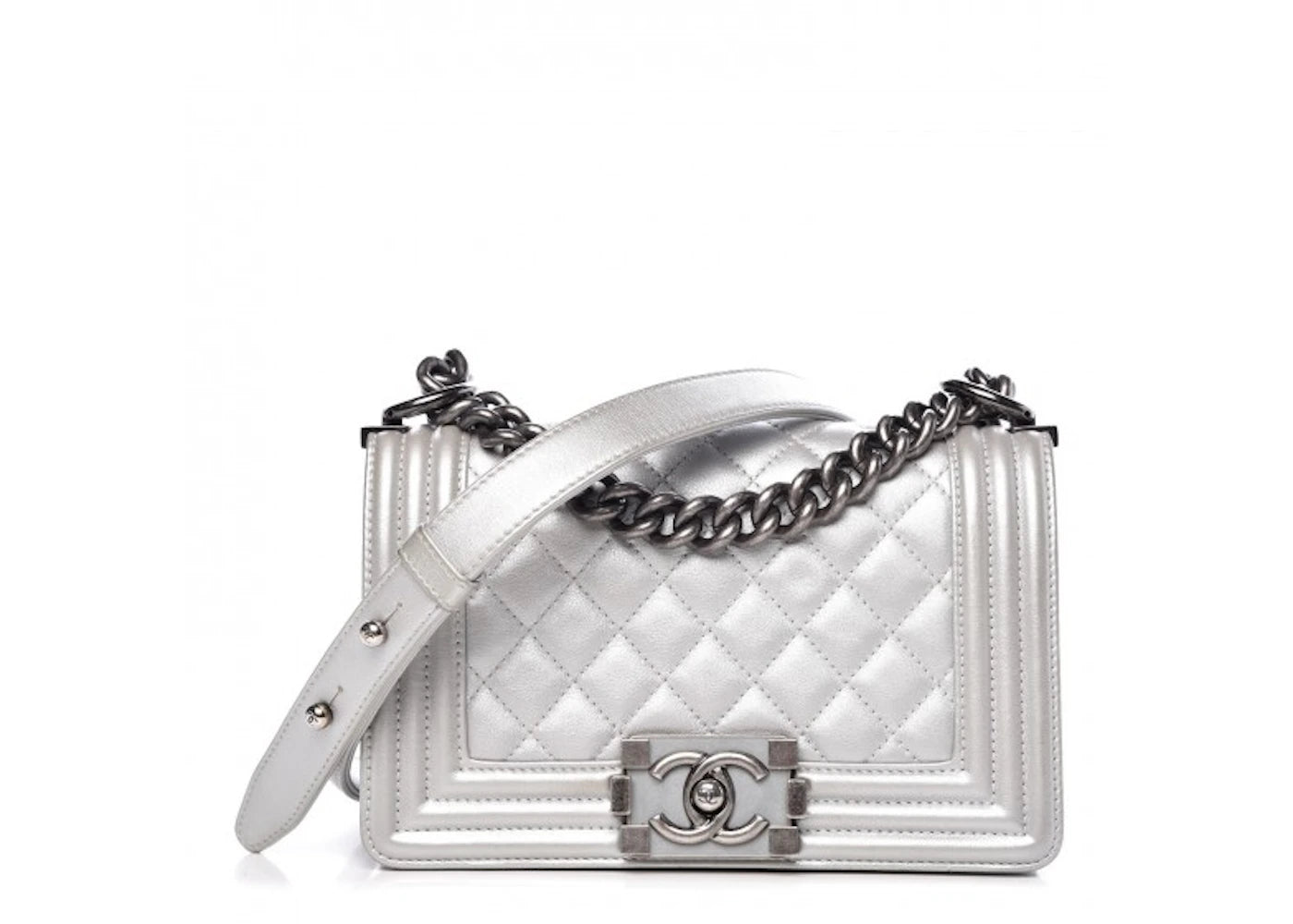 Chanel Boy Flap Quilted Metallic Calfskin Ruthenium Small Silver
