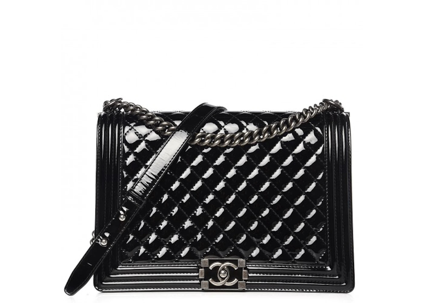 Chanel Boy Flap Quilted Patent Leather Silver/Black-tone Large Black