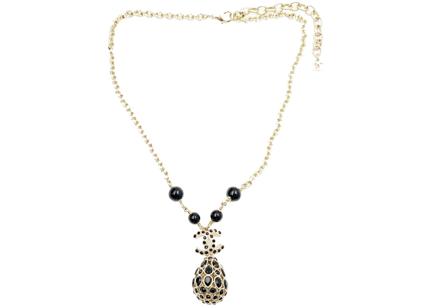 Chanel CC Black Stone Crystal Tear Drop Pendant Necklace Gold