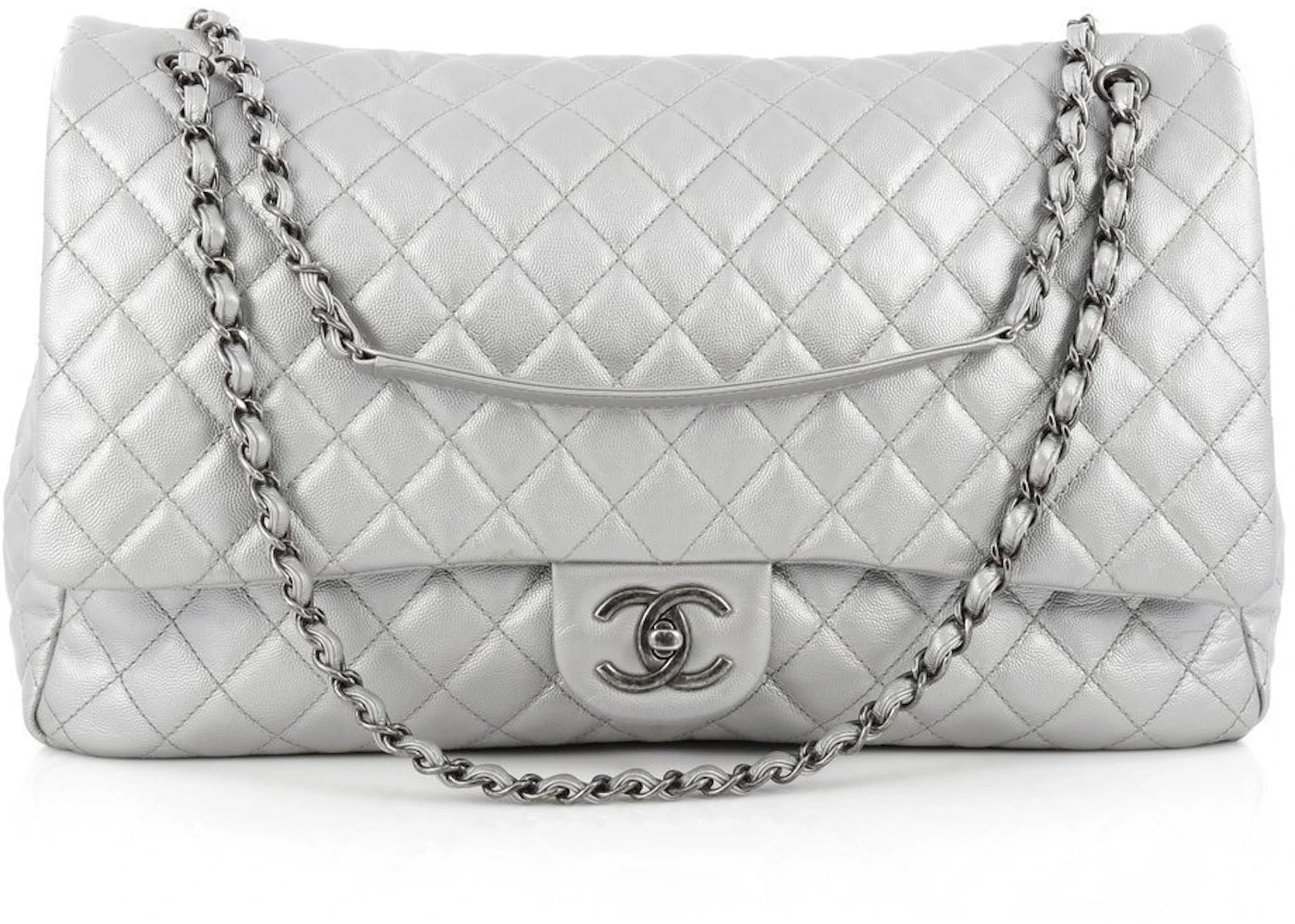 Chanel Airlines Flap Quilted Caviar XXL Silver
