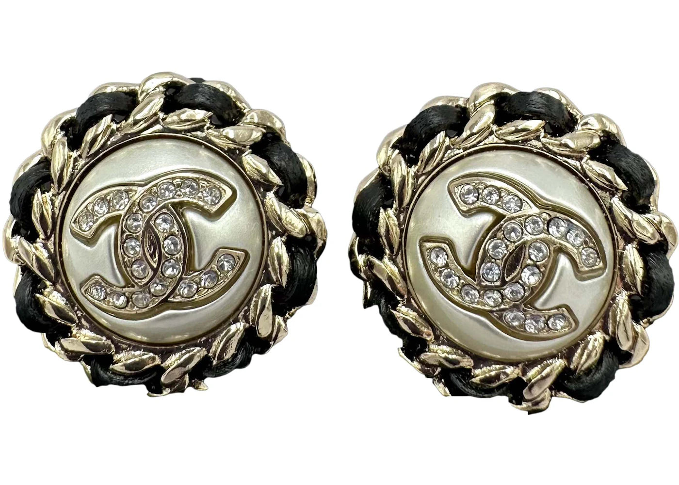 Chanel CC Logo Crystal Pearl Chain Stud Earrings AB4703 Gold/Pearly White/Black/Crystal