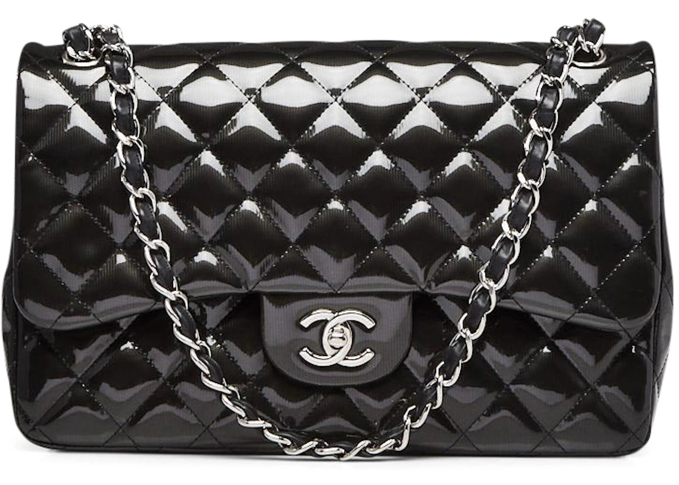 Chanel Classic Double Flap Quilted Patent Leather Silver-tone Jumbo Dark Grey