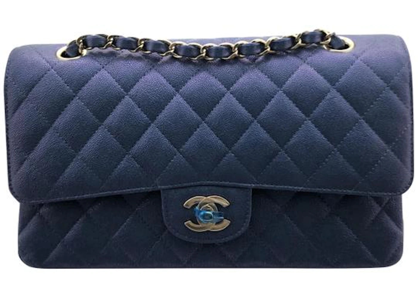 Chanel Classic Double Flap Quilted Iridescent Caviar Gold-tone Medium Blue