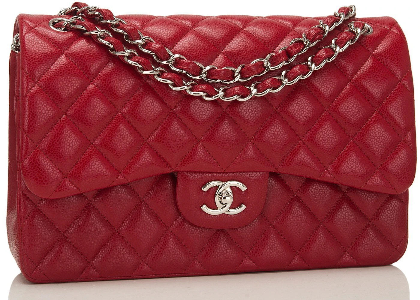 Chanel Classic Double Flap Quilted Caviar Silver-tone Jumbo Red