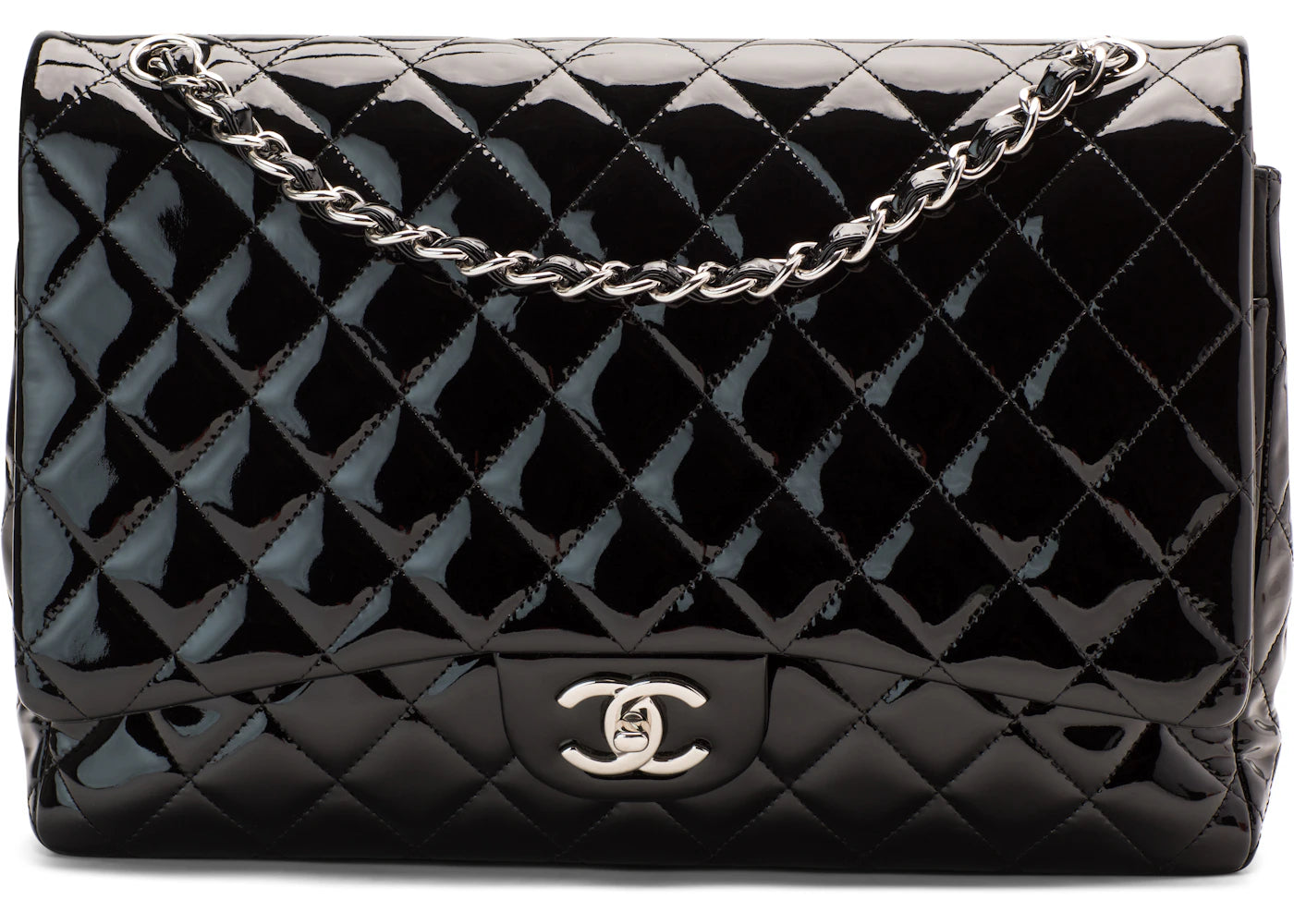 Chanel Classic Double Flap Quilted Patent Leather Silver-tone Maxi Black