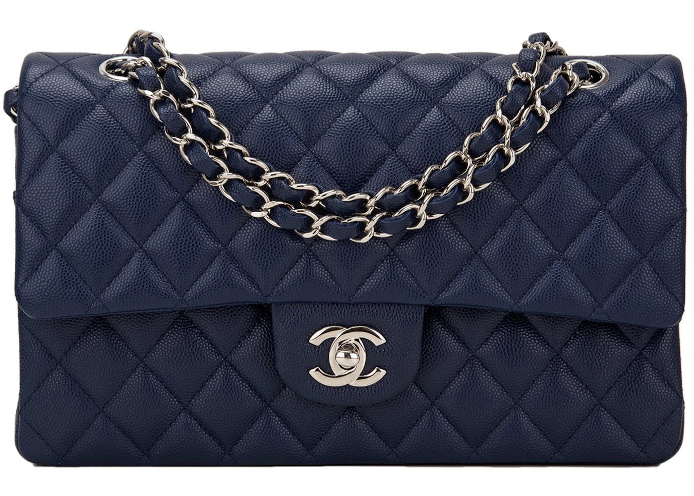Chanel Classic Double Flap Quilted Caviar Silver-tone Medium Navy Blue