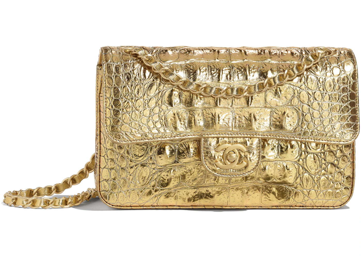 Chanel Classic Handbag Metallic Crocodile Emobssed Calfskin Gold-tone Small Gold