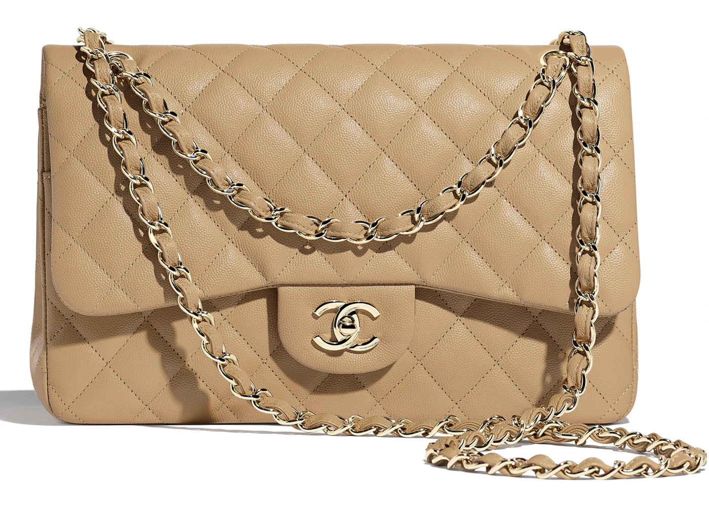 Chanel Classic Handbag Quilted Gold-tone Large Beige