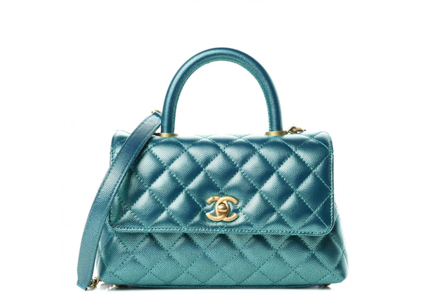Chanel Coco Handle Flap Quilted Metallic Caviar Gold-tone Mini Turquoise