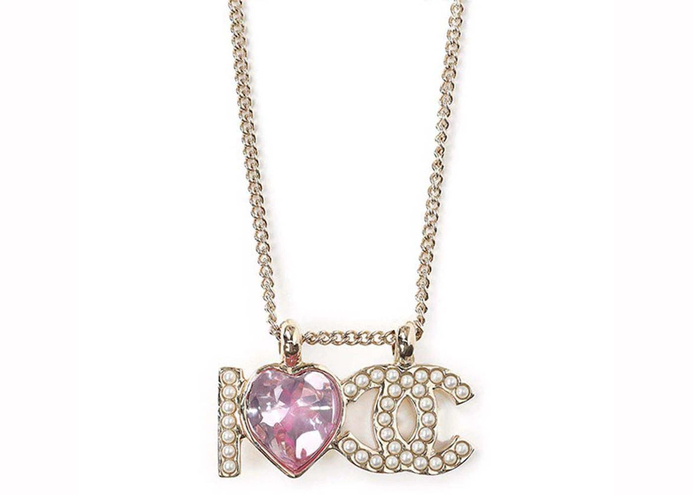 Chanel Crystal Heart I Love CC Logo Necklace Gold/Pink (AB8709)