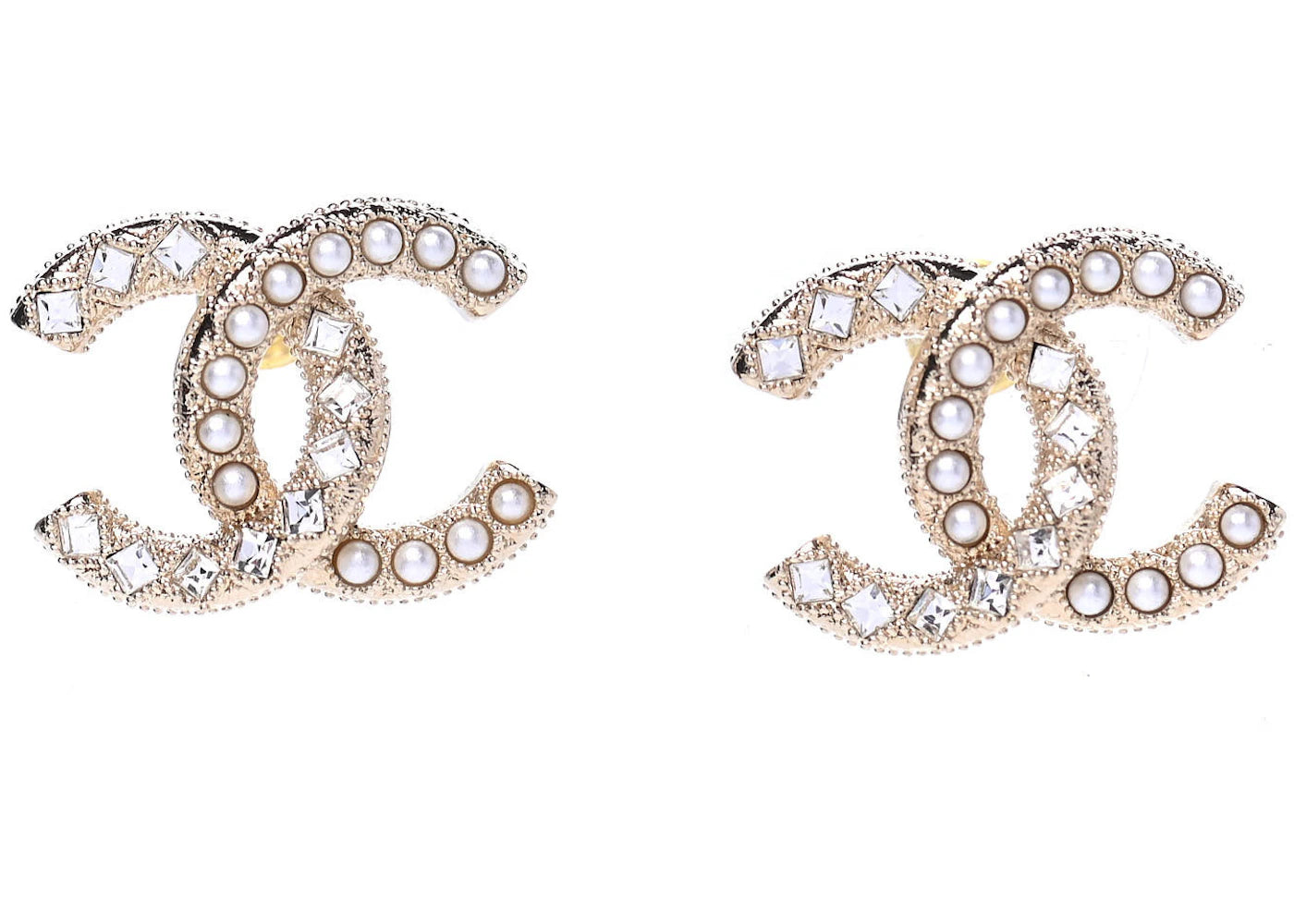 Chanel Crystal Pearl CC Earrings 0.5" Gold
