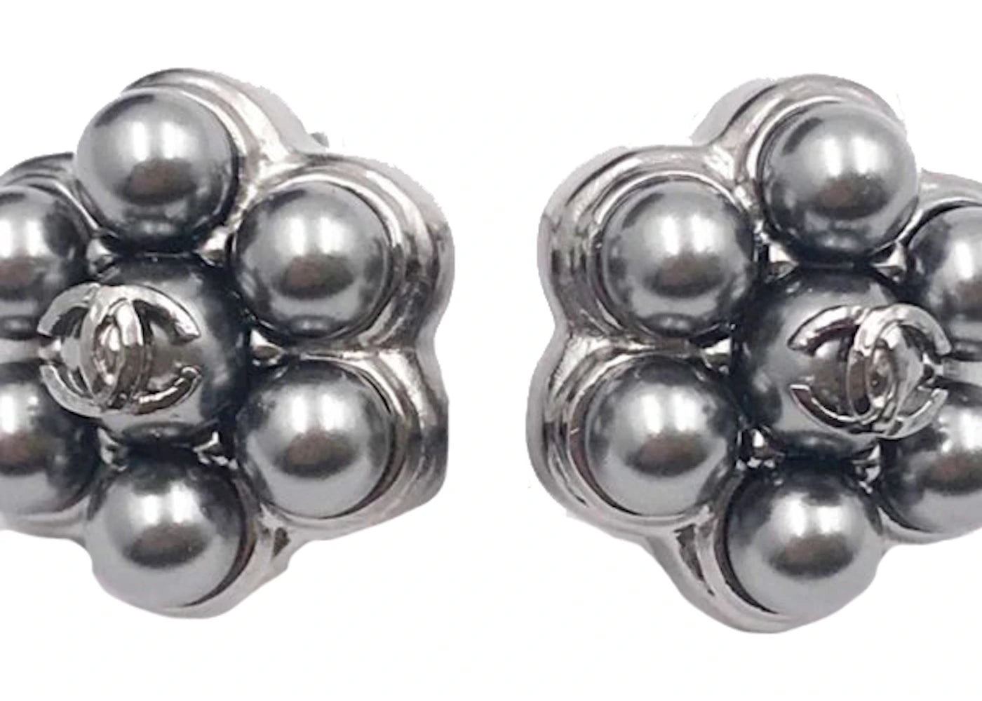 Chanel Faux Pearl Flower Earrings Gunmetal Silver
