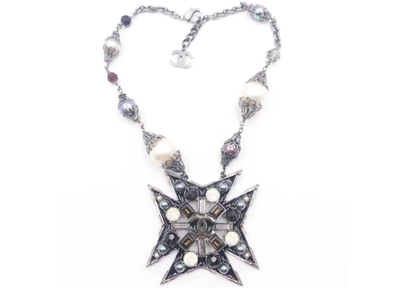 Chanel Faux Pearl Star Necklace Gunmetal Silver Multicolor